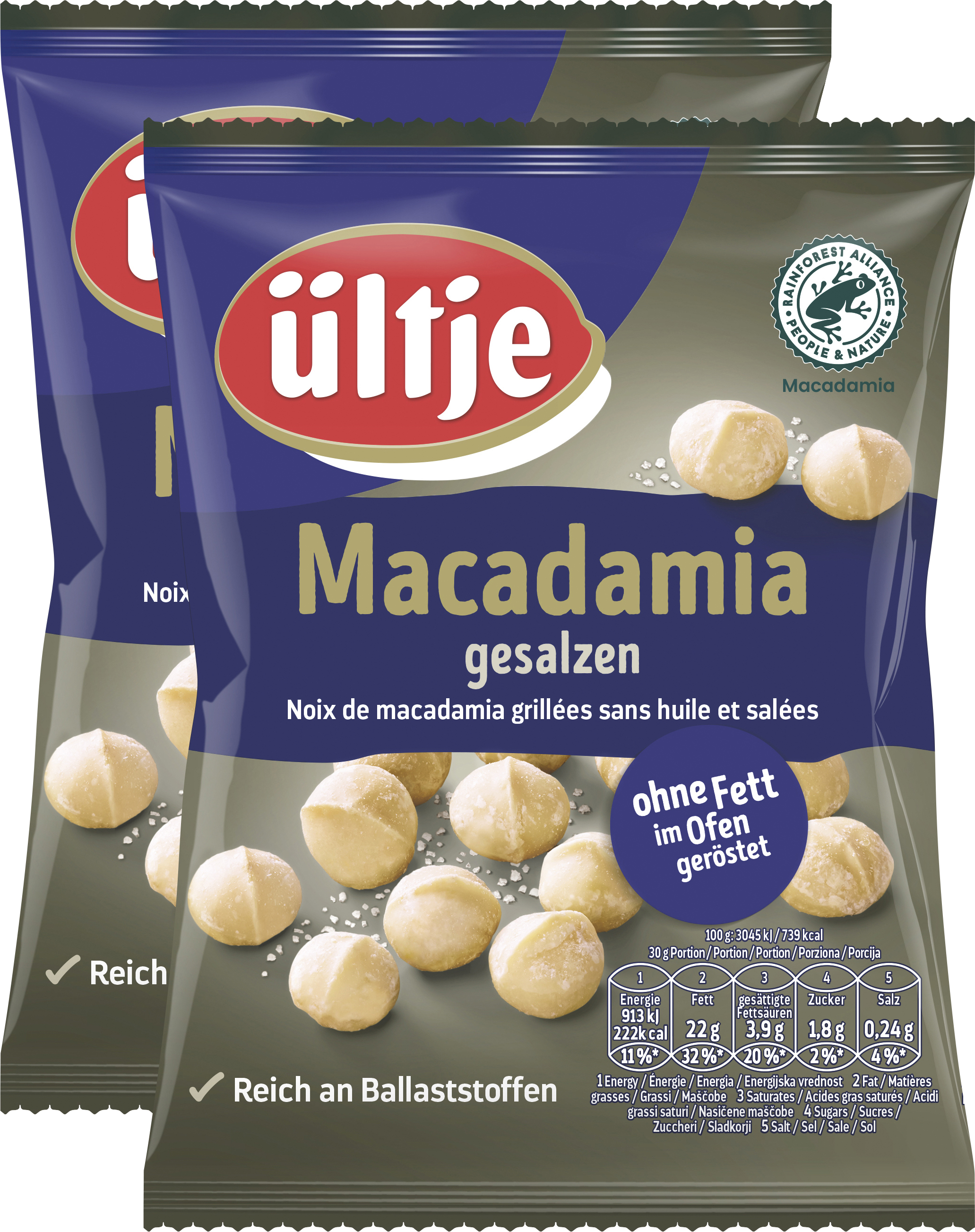 ültje Macadamia 2x150g The "queen of nuts" melts in the mouth. This light colour combined with the pleasant buttery taste can only be found in macadamias. They are roasted without fat and salted and have a large fan base among gourmet snackers.