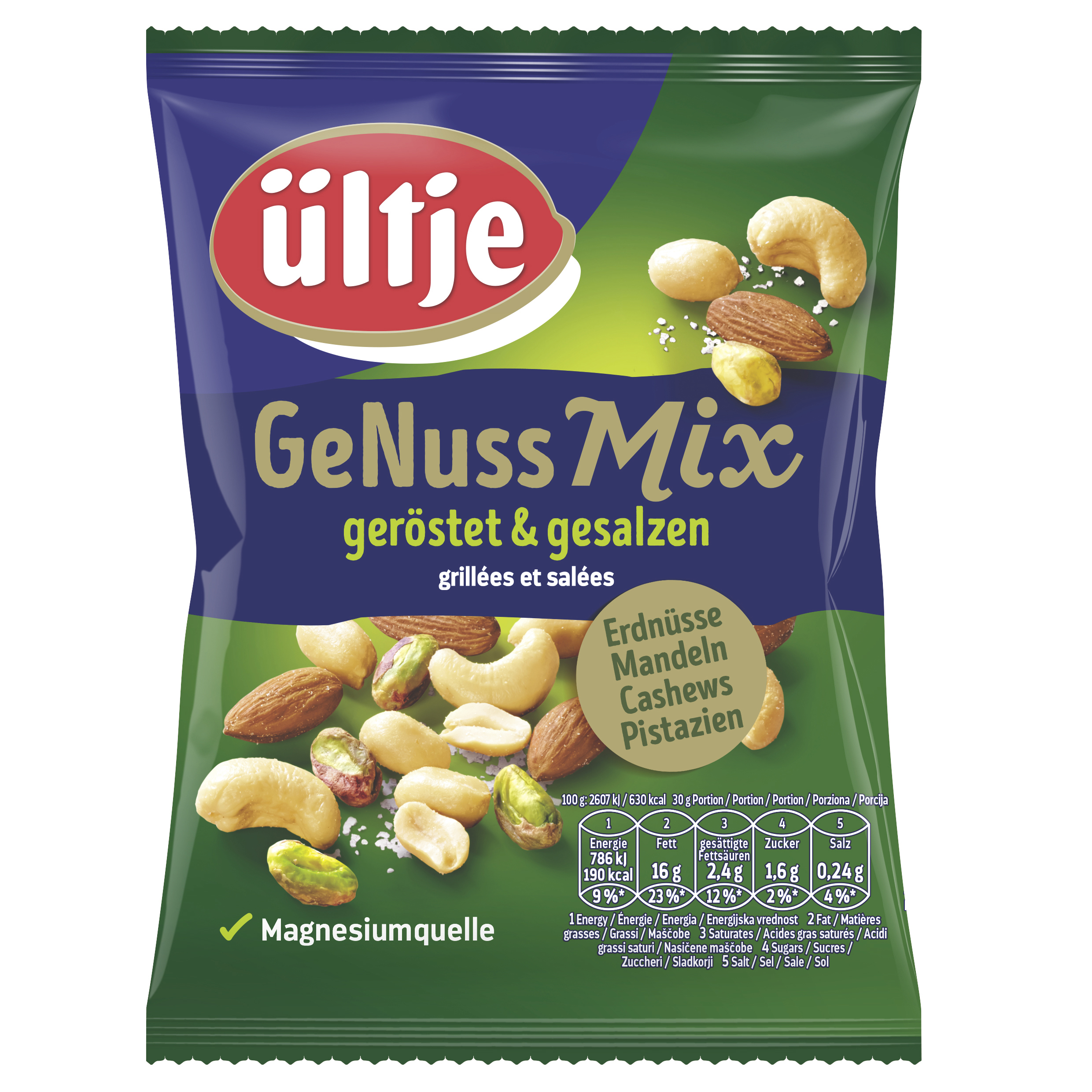 ültje GeNuss Mix 150g For all fans of the diverse array of nuts, the ültje Nut Mix offers a delicious mix of roasted and salted peanuts, almonds, cashews and pistachios.