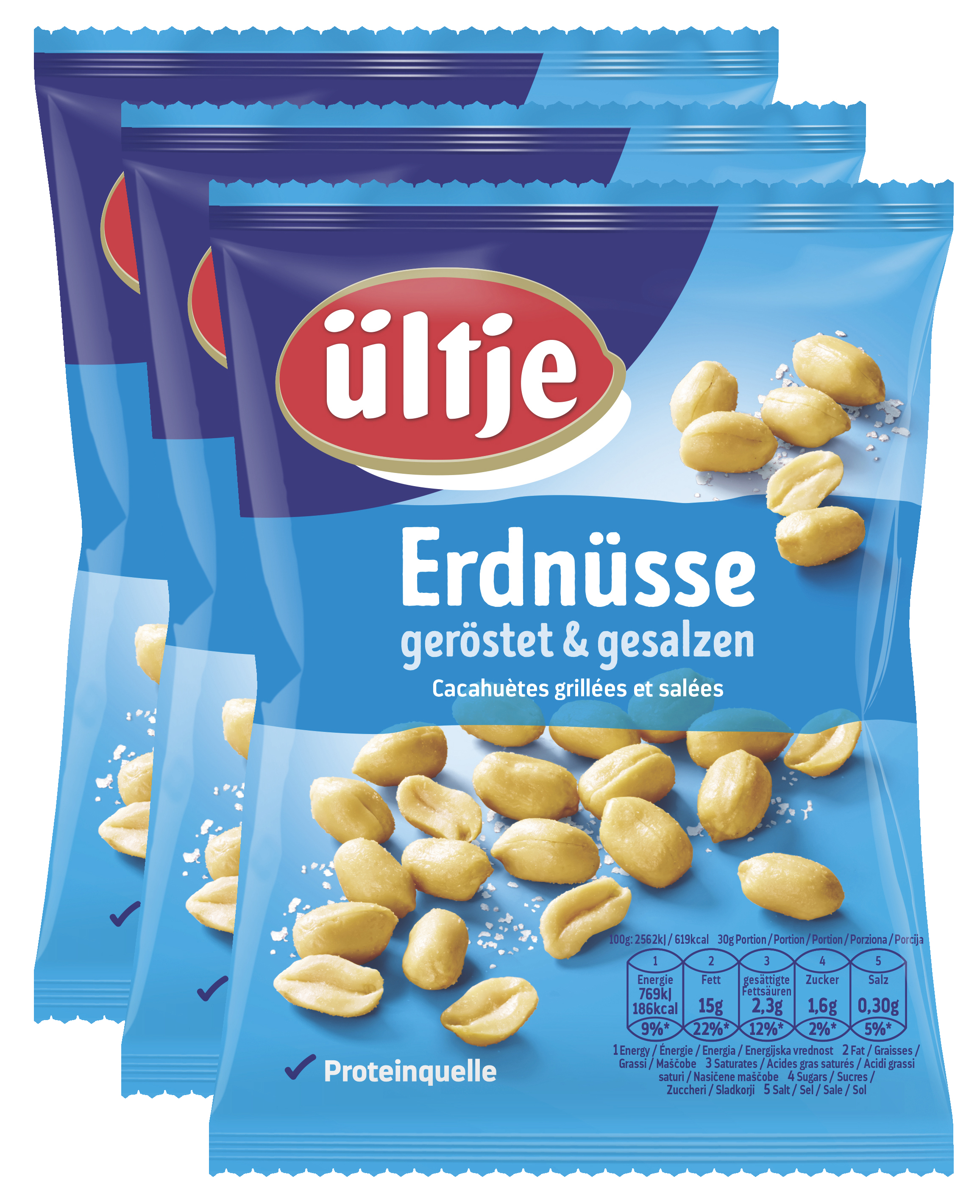 ültje Peanuts 3x250g The classic from ültje: salted peanuts, crisply roasted. These belong on the table at every party and are also a must for a cosy evening watching TV.