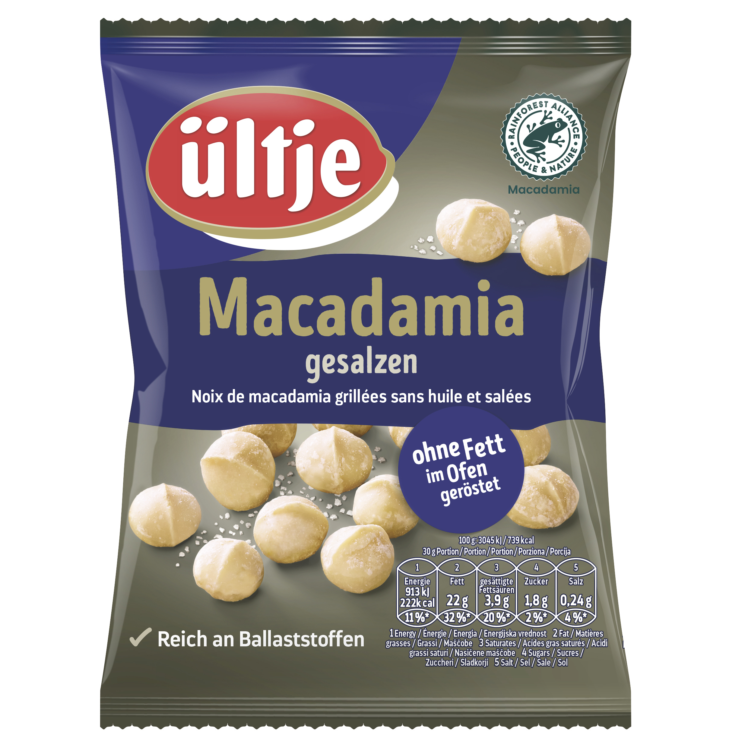 ültje Macadamia 150g The "queen of nuts" melts in the mouth. This light colour combined with the pleasant buttery taste can only be found in macadamias. They are roasted without fat and salted and have a large fan base among gourmet snackers.