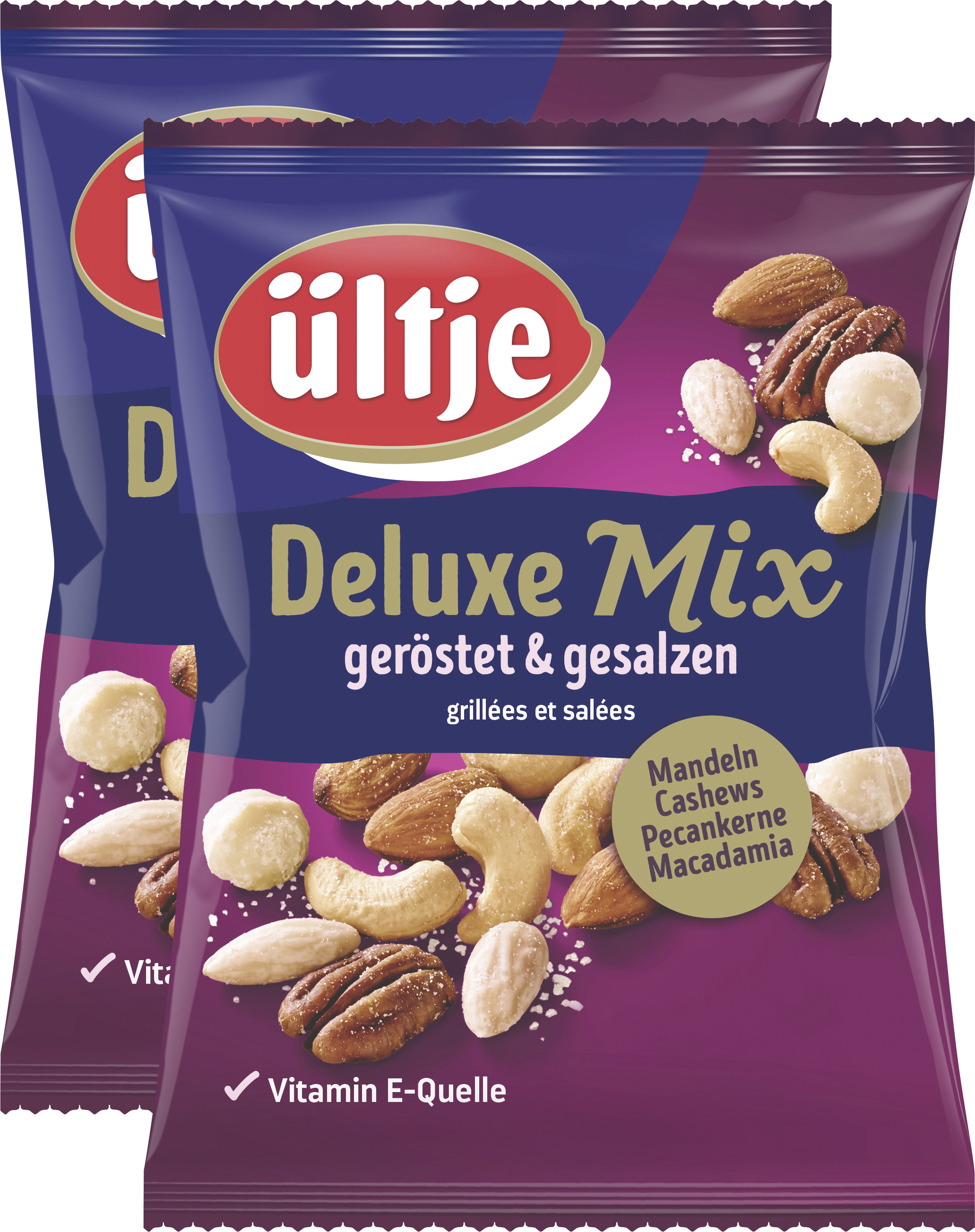 ültje Deluxe-Mix 2x150g Why choose one nut when you can nibble on four at a time? The Deluxe Mix from ültje offers the full selection: delicious almonds, crunchy cashews, aromatic pecans and premium macadamias.
