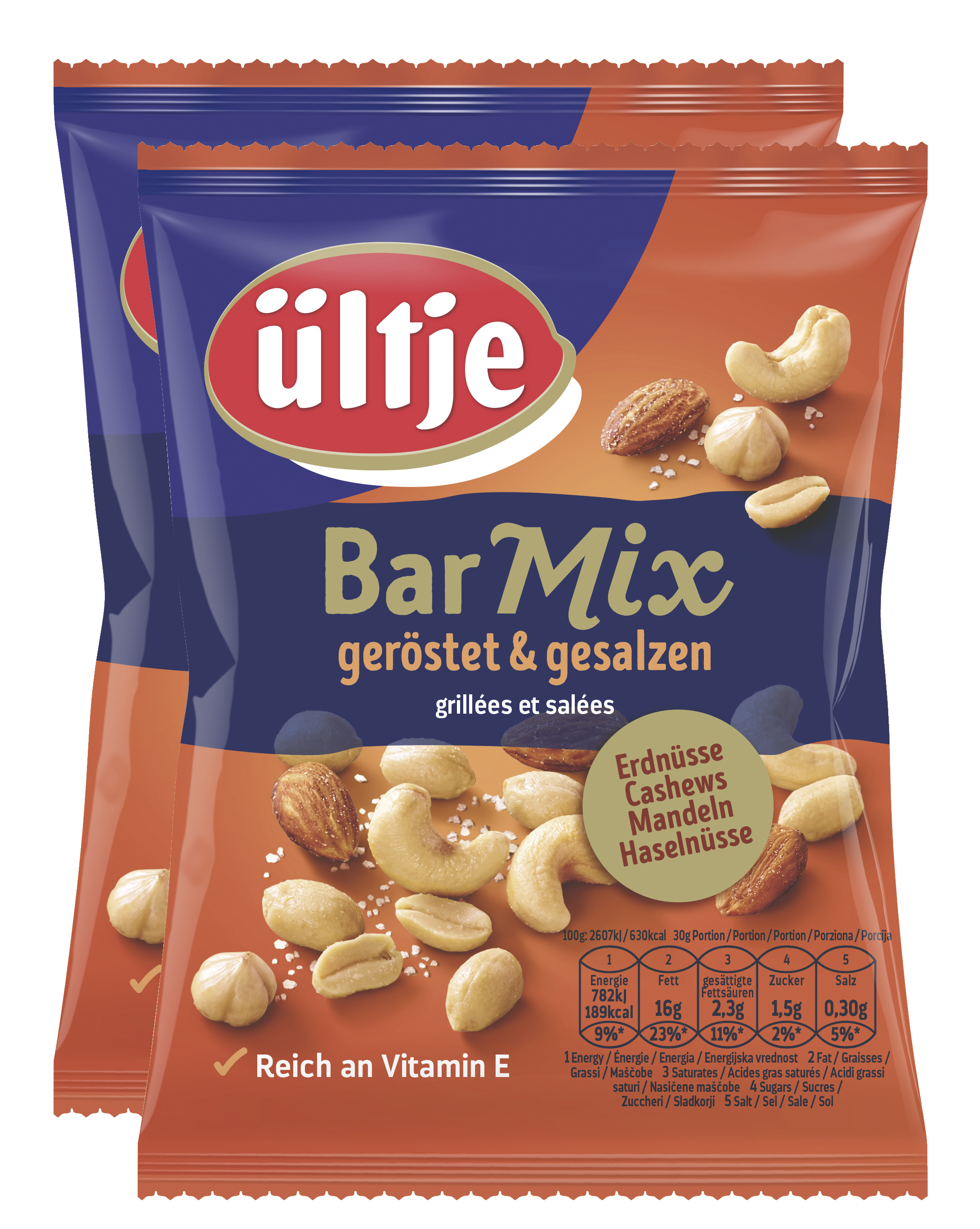 ültje Bar Mix 2x200g The ültje Bar Mix is just the thing for everyone who doesn't want to have to choose one nut. The exquisite mix of salted peanuts, cashews, almonds and hazelnuts makes the mouths of nut lovers water.