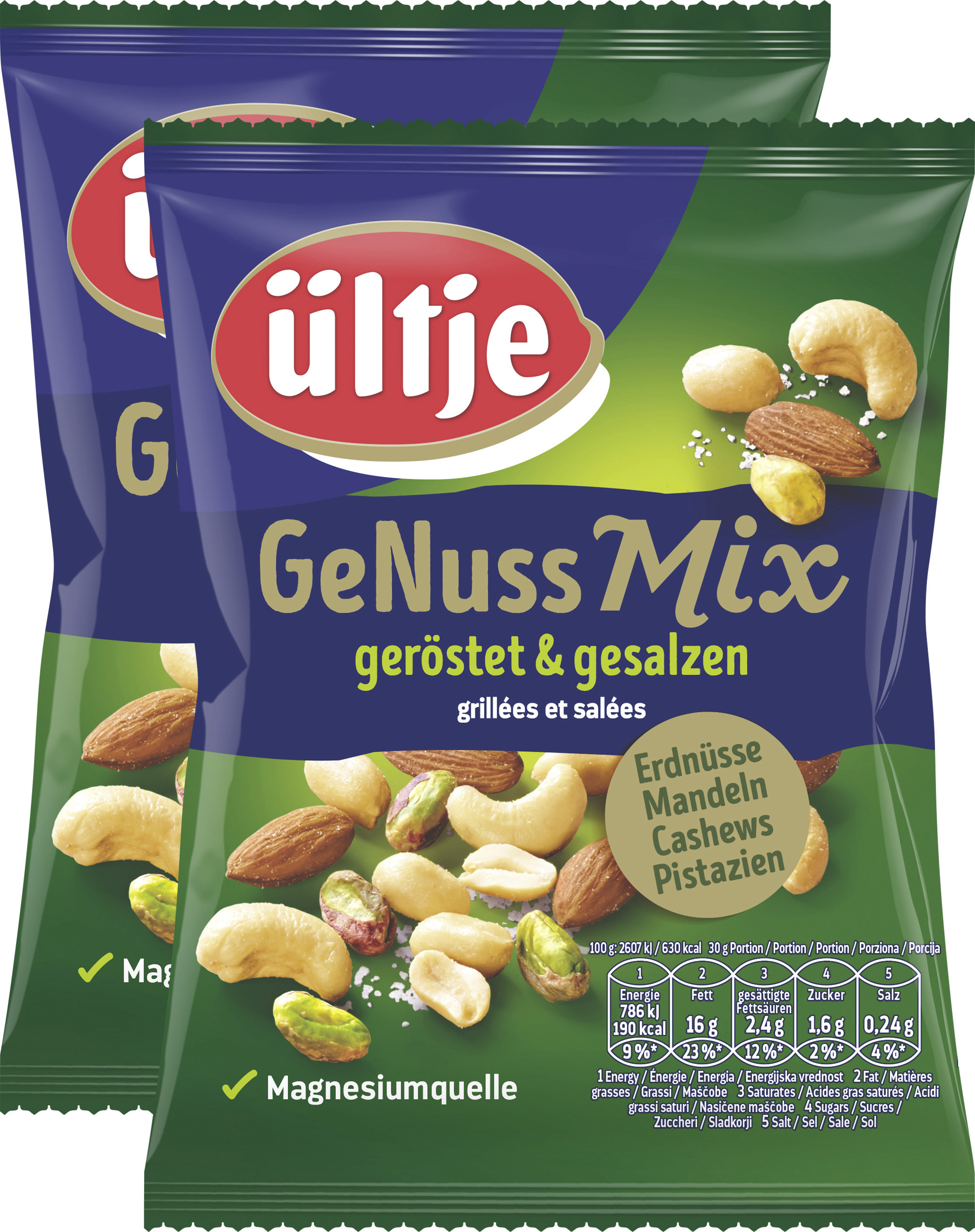 ültje GeNuss Mix 2x 150g For all fans of the diverse array of nuts, the ültje Nut Mix offers a delicious mix of roasted and salted peanuts, almonds, cashews and pistachios.