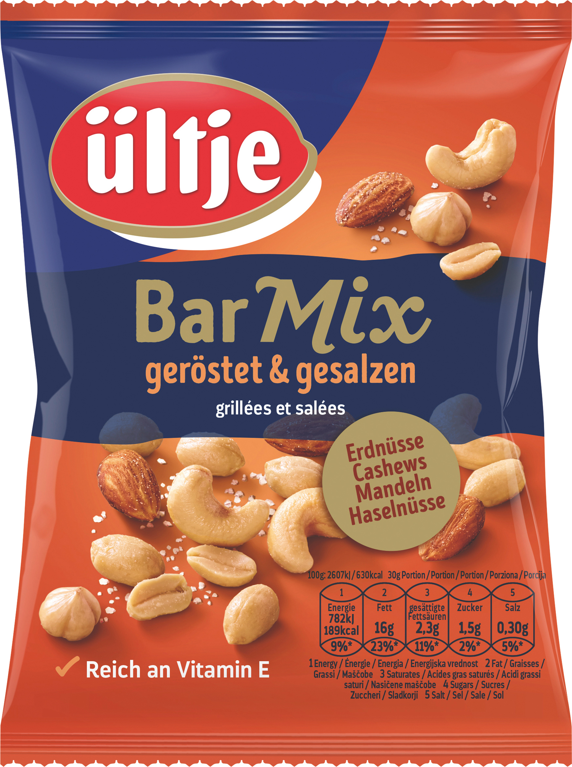 ültje Bar Mix 200g The ültje Bar Mix is just the thing for everyone who doesn't want to have to choose one nut. The exquisite mix of salted peanuts, cashews, almonds and hazelnuts makes the mouths of nut lovers water.
