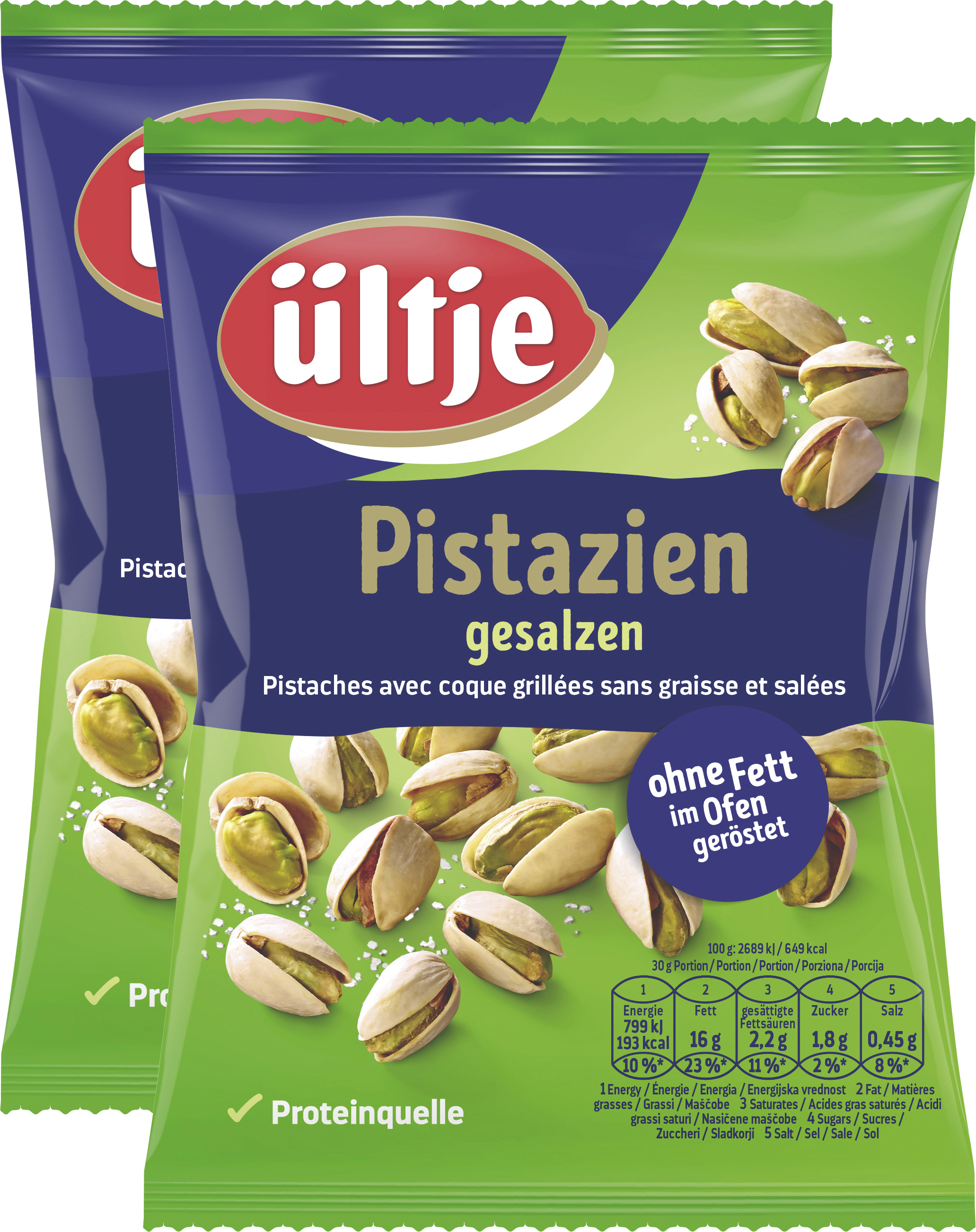 ültje Pistachios 2x150g The pistachios, roasted without fat and salted, and in their shell, are one of the classics in the ültje range. The greenish-brown kernels with a mildly aromatic taste quicken the pulses of connoisseurs.